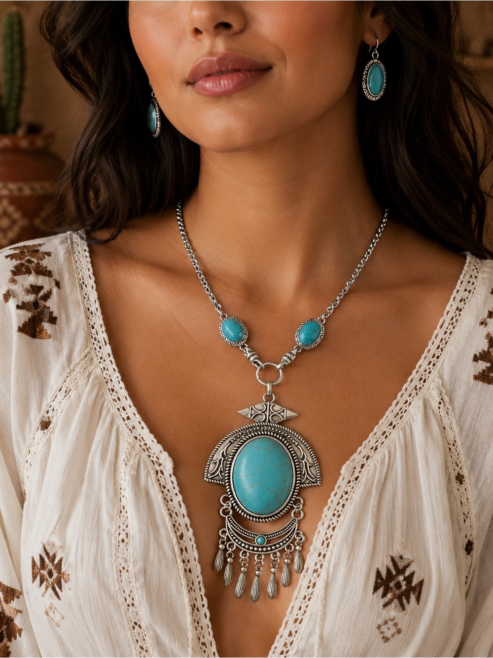 Southwest Style Genuine Blue Howlite  Necklace and Earrings